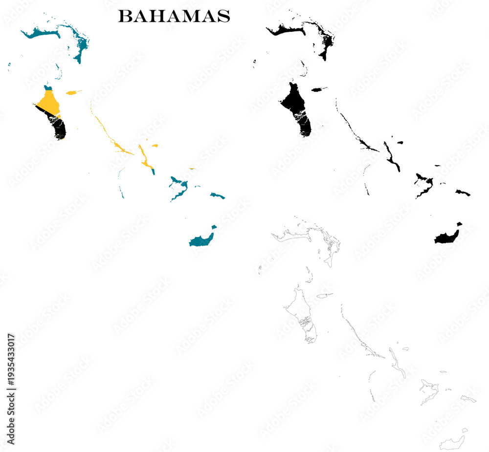 Obraz premium The Bahamas Country Maps Bundle with National Flag, Black Silhouette and Detailed Outline Contours