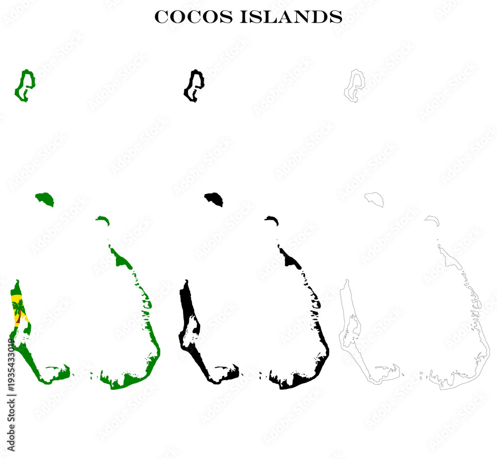Obraz premium Cocos Keeling Islands Map Bundle with Flag, Black Silhouette and Detailed Outline Contours