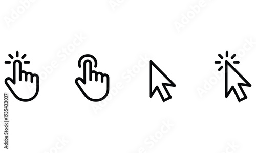 Simple black line icons representing computer mouse cursor clicks on white background for digital interface design and user experience enhancement