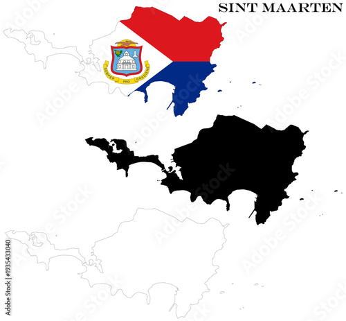Sint Maarten Country Maps Bundle with National Flag, Black Silhouette and Detailed Outline Contours
