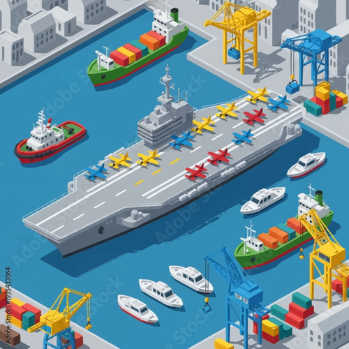 Aircraft Carrier with Support Ships and Cranes.