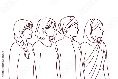 Diverse women group line art coloring page for International Women's Day March 8 representing global sisterhood and intersectional feminist solidarity