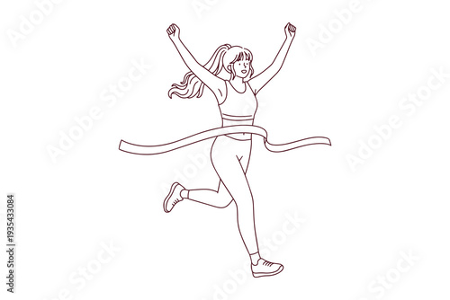 Female runner crossing finish line line art coloring page for International Women's Day on March 8 celebrating women in sports and victory