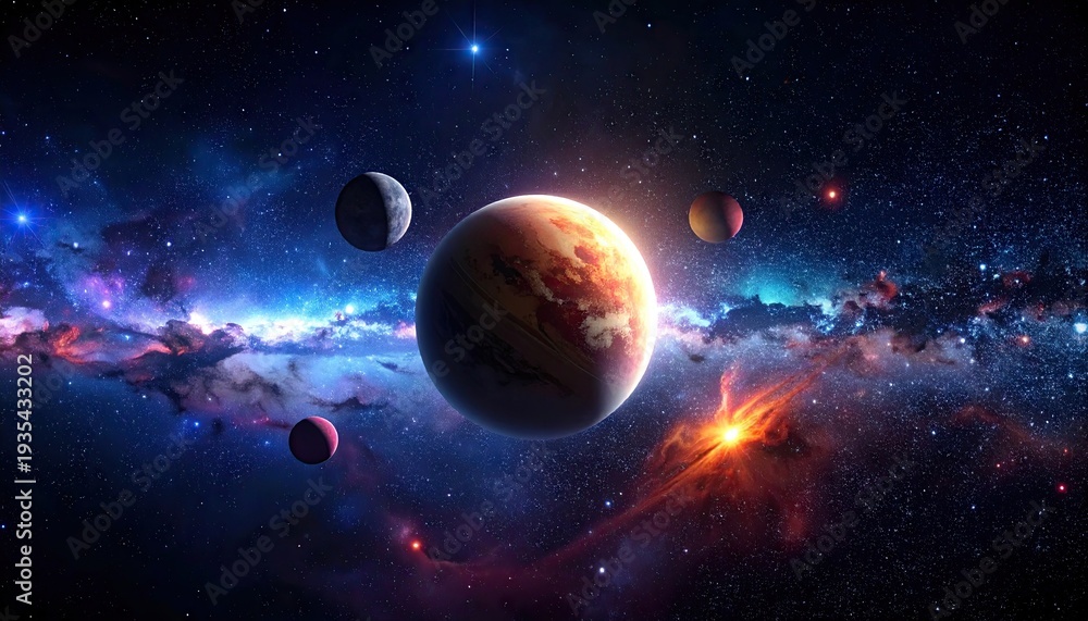 Naklejka premium Planets floating in space with colorful nebulae background, ideal for science
