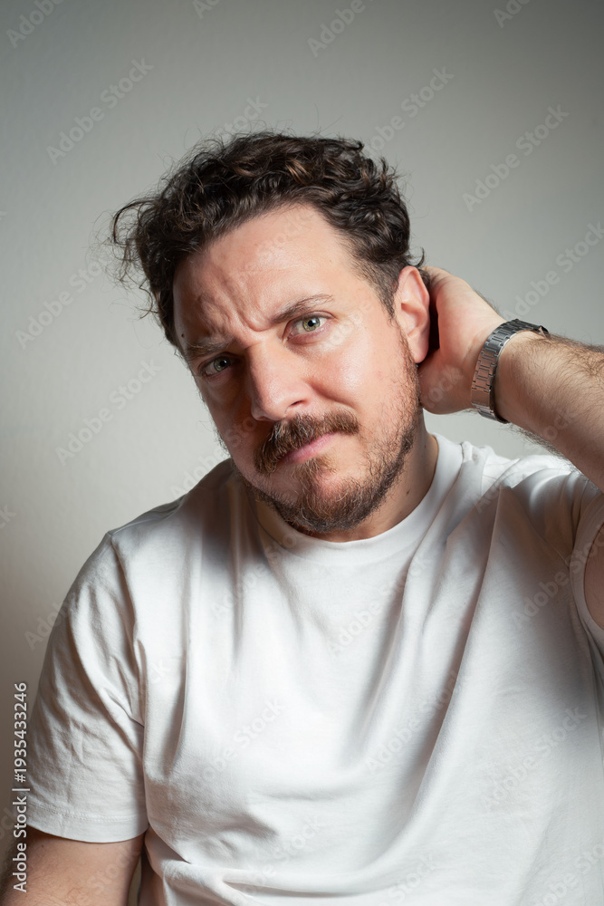 Naklejka premium Confident Young Man with Hand Behind Head Looking at Camera in Casual Studio Portrait