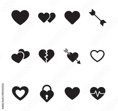 Twelve distinct heart icons depicting love commitment connection rhythm and arrow impact