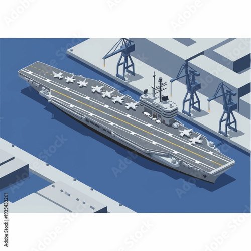 Aircraft Carrier with Fighter Jets and Cranes.