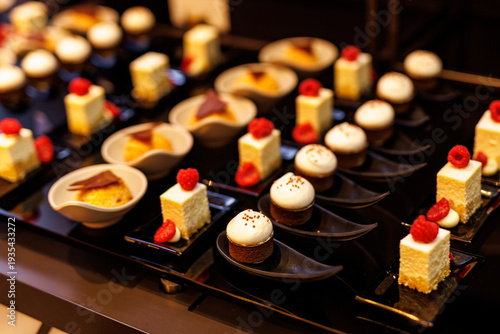 Photos Gourmet Mini Desserts and Pastries on Presentation Tray