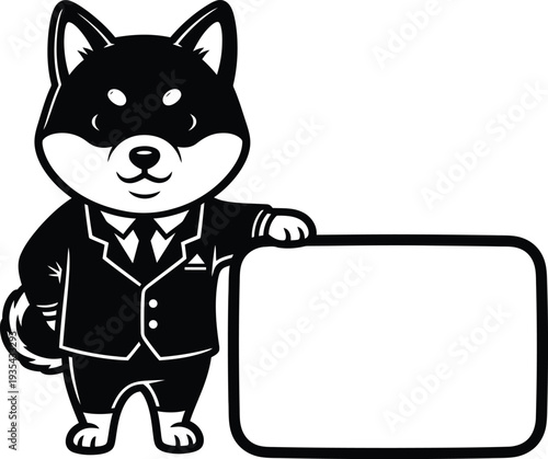 Shiba Inu dog in business suit presenting blank sign for information. Vector illustration