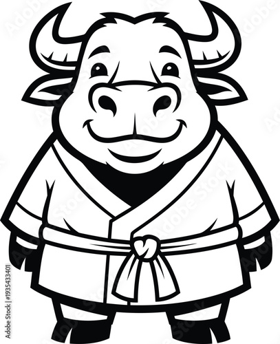 Smiling cartoon bull character wearing martial arts gi and belt. Vector illustration