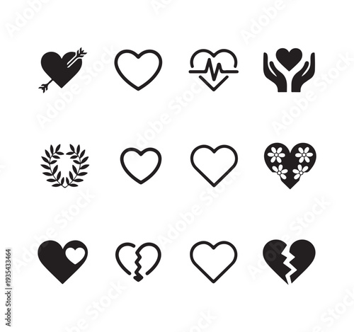 Set of twelve various black and white heart shape icons for love romance and cardiology