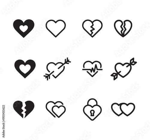 Twelve stylized heart icons showing love health and broken relationship concepts in black line art