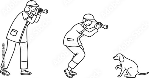Minimalist line art illustration of a man and woman using professional cameras to take pictures of a small dog on white background.