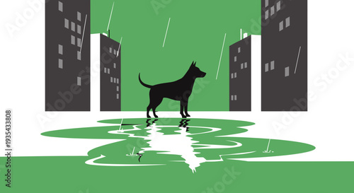 Lonely Dog Silhouette in Rainy Cityscape, Isolated on Transparent Background. Sad Pet Symbolism, Urban Depression, Vector Illustration for Commercial Use.
