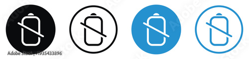Battery with slash line icon set. Represents disconnected power, charging error, or no battery detected. Includes flat and outline designs in black and blue circles for app interfaces.