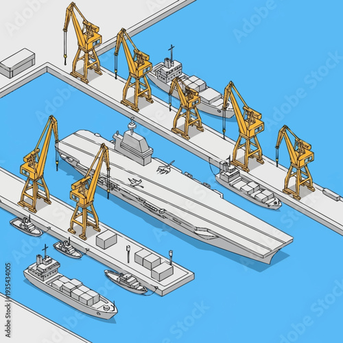 Industrial Harbour with Cranes and Ships.