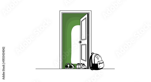 Back to School Open Door Vector Illustration, Kids Shoes & Backpack, Education Concept, Leaving Home - Isolated on transparent background, ready for school year.