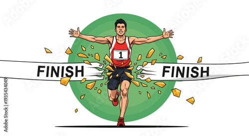 Victorious Marathon Runner Breaking Finish Line Tape: Winning Race, Athletic Success Concept, Sports Achievement, Cartoon Vector Illustration isolated on transparent background.