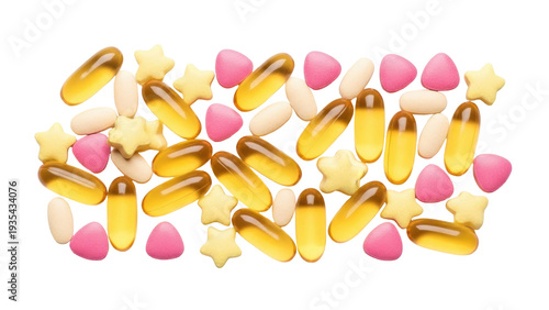 Isolated assorted softgels and chewable tablets of vitamins and supplements for kids health