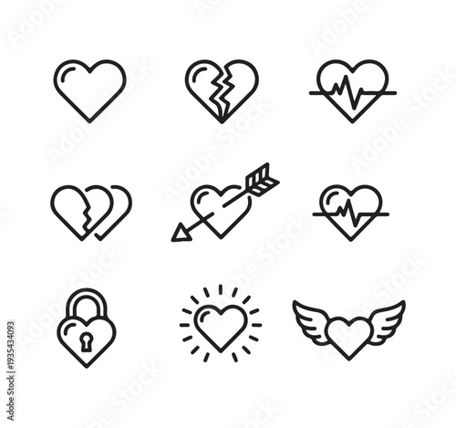 Nine clean line art heart icons including medical beat winged lock shining and broken emotional designs