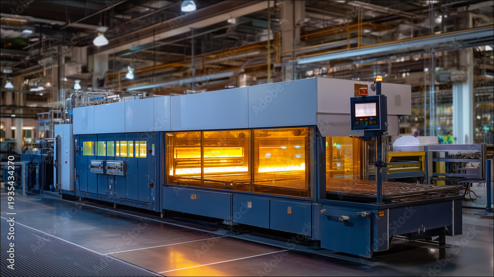 Obraz premium Automated glass tempering furnace heating and rapidly cooling large architectural glass panels in a modern facility, perfect for tempered glass manufacturing, heat treatment techno