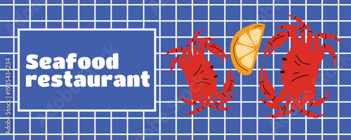 Retro Italian seafood banner poster with crab and lemon illustration for Mediterranean seafood restaurant branding and advertising materials