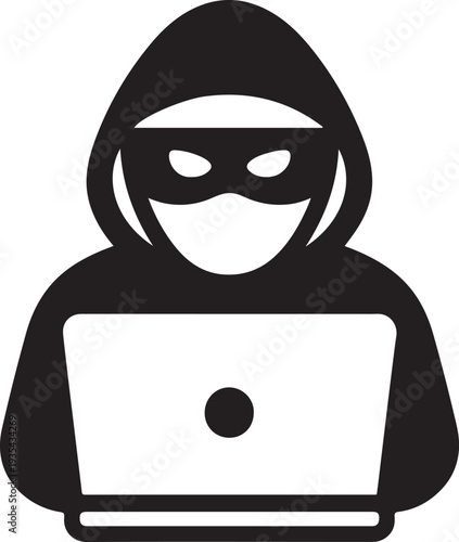 Anonymous Hacker Icon with Laptop and Hoodie, Cyber Crime and Network Security Vector Illustration Silhouette
