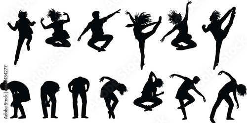 Set of black silhouettes featuring diverse people jumping for joy, performing modern dance moves, and expressive athletic poses isolated on a clean white background.