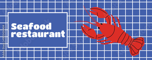 Retro Italian seafood banner poster with lobster illustration for premium Mediterranean seafood restaurant branding and marketing materials