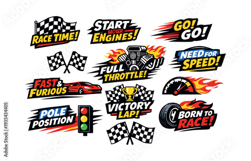 Racing and automotive style emblems with checkered flags, car engine, speedometer, and road signs symbolizing speed and victory
