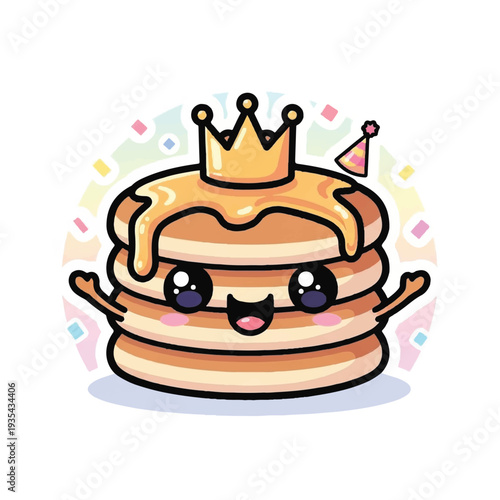 A cheerful cartoon stack of pancakes with a golden crown on top, surrounded by colorful confetti on a white background. Perfect for celebrations, breakfast menus, and kids' party