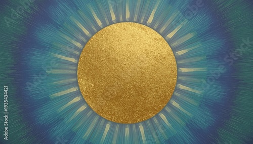 A central gold circle radiates outward with blended blue-green hues, textured brushstrokes, and a soft glow.