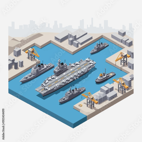 Isometric Illustration of Naval Ships in Harbour.