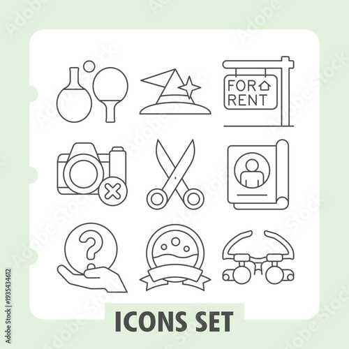 Set of nine clean thin line icons, depicting concepts like sport, magic and real estate, ideal for modern web and mobile apps on white background.