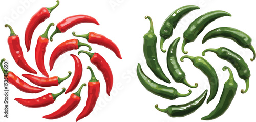 Red and green chili peppers spiral arrangement, fresh hot spicy vegetable vector illustration isolated on light background for food design and culinary branding