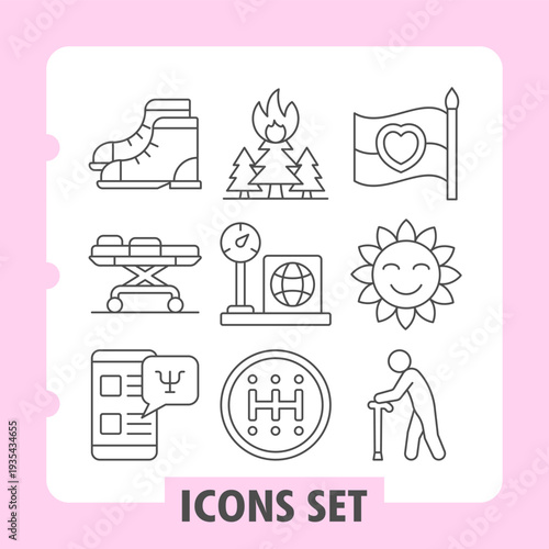 Set of nine modern thin line icons covering diverse themes like travel, environment, diversity, health and aging, presented with a clean, light mood on white background.