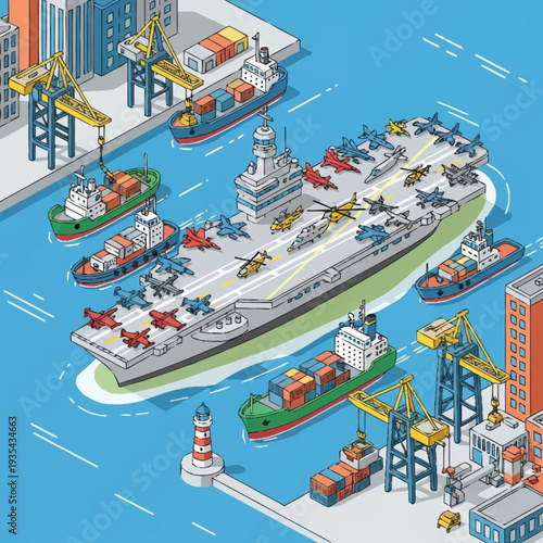 Aircraft Carrier with Support Ships in Harbour.