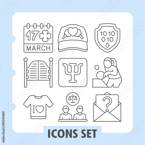 Set of nine thin line icons featuring themes like holidays, sports, security, psychology and justice, ready for web and app design projects on white background.