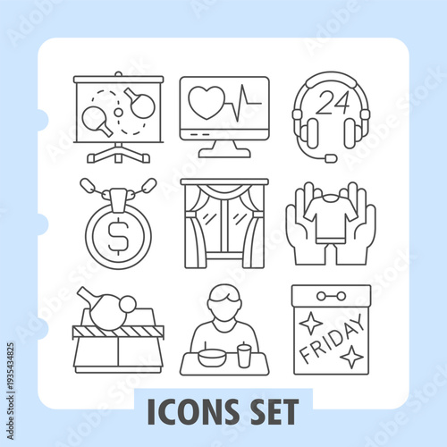 Set of nine thin line icons covering health, finance, sports, service and daily activities with a clean, professional aesthetic on white background. Ideal for web design or mobile.