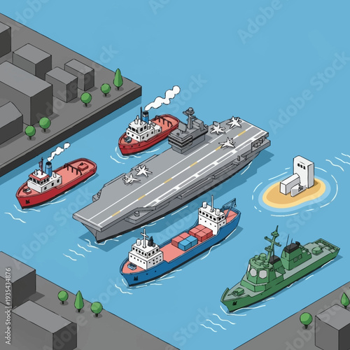 Isometric 3D Illustration of Various Naval Ships.