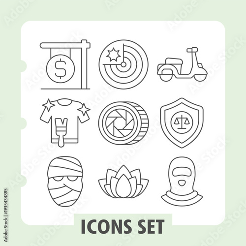 Set of nine thin line icons featuring diverse themes like business, travel, photography, justice and spirituality. Ideal for web and print design on white background.