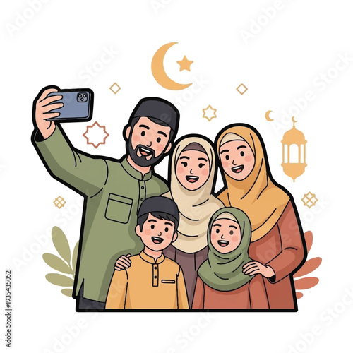 A cartoon illustration of a Muslim family taking a selfie together, surrounded by Eid decorations and symbols on a white background. Perfect for Eid celebrations, family gatherings, and