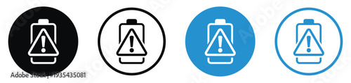 Battery status icons with an exclamation mark inside a triangle. Alerts users to battery health issues, overheating, or critical errors. Set of four circular web and app icons.