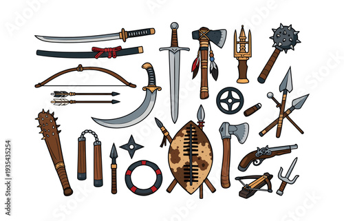 Various historical battle equipment showing different cultures and eras of combat armaments and military tools