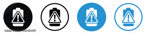 Battery status icons with an exclamation mark inside a triangle. Alerts users to battery health issues, overheating, or critical errors. Set of four circular web and app icons.