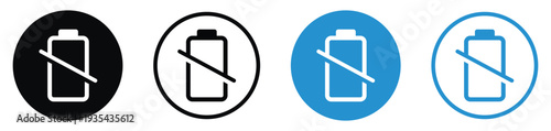 Battery with slash line icon set. Represents disconnected power, charging error, or no battery detected. Includes flat and outline designs in black and blue circles for app interfaces.