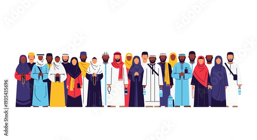 Diverse group of people in colorful traditional attire standing together. Vector Illustrations. EPS Editable