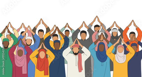 Diverse Group of People Celebrating Together with Raised Hands. Vector Illustrations. EPS Editable