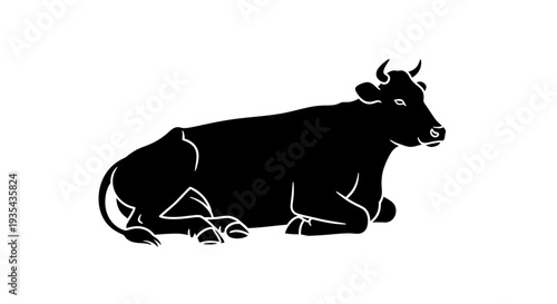 Black Silhouette of a Resting Cow in Pasture. Vector Illustrations. EPS Editable