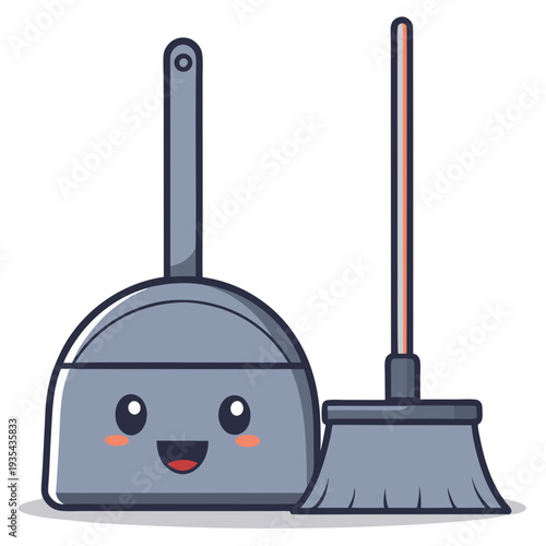 Happy broom and dustpan character smiling together on white background  